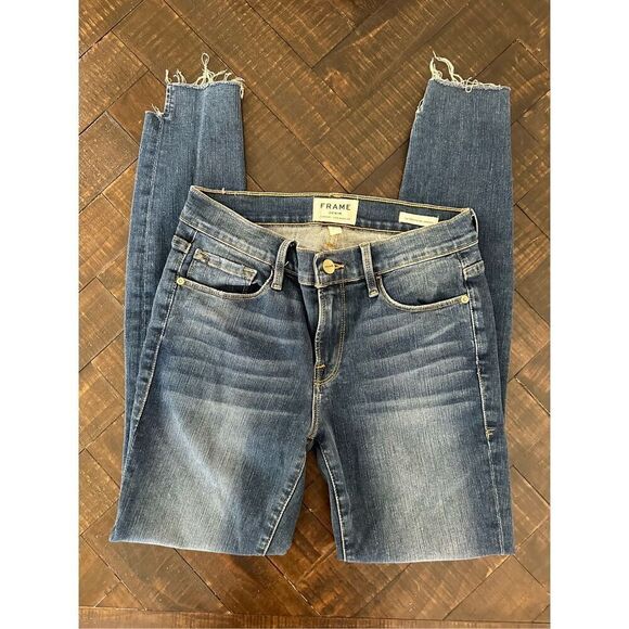 FRAME Denim Le Skinny de Jeanne Dark Wash High Low Cut Out Ankle Jeans Size 26 - Picture 4 of 5